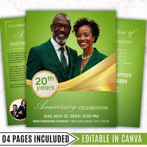 May include: Green and gold anniversary celebration flyer with a photo of a smiling couple. The flyer includes the text "20th years Anniversary Celebration" and event details: Sunday, Nov 10, 2024, 5:00 PM.