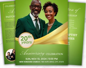 Può includere: Volantino di celebrazione dell'anniversario verde e oro con la foto di una coppia sorridente. Il volantino include il testo "20th years Anniversary Celebration" e i dettagli dell'evento: domenica 10 novembre 2024, ore 17:00.