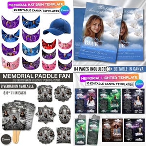 May include: A collection of memorial templates, including hat brims, paddle fans, lighters, and memorial service cards. The templates are customizable in Canva and feature various designs and layouts. The paddle fans are 8.5 x 11 inches.