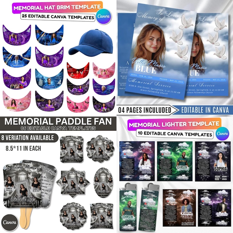 May include: A collection of memorial templates, including hat brims, paddle fans, lighters, and memorial service cards. The templates are customizable in Canva and feature various designs and layouts. The paddle fans are 8.5 x 11 inches.