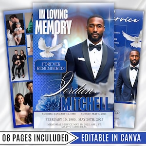 May include: A memorial service template with a blue and white design. The text reads "In Loving Memory" and "Jordan Mitchell." Includes photos and event details. The template is editable in Canva and includes 8 pages.