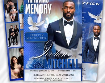 08 Pages Gradient Blue Funeral Program Template, Bifold 11x8.5” Design, Editable Memorial Booklet, Celebration of Life, Obituary Template