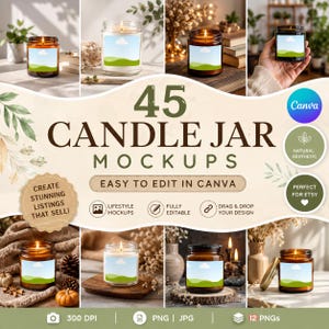 Bundel met 45 Canva-sjabloonmockups voor kaarsen, mockup van een amberkleurige kaarsenpot, sjabloon voor gepersonaliseerde kaarsenmockups, ontwerpen voor amberkleurige en geurende kaarsen