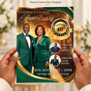 04 Green Pastoral Anniversary Program Template, Editable Bifold 8.5x11” Booklet, Church Appreciation Program, Anniversary Faith Celebration