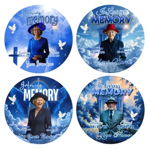 May include: Four memorial photo keepsakes with a blue sky and cloud background. Each features a person's photo, the text "In Loving Memory", and space for a name and dates. White doves and a cross are also included.
