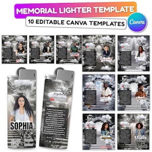 Può includere: Modello di accendino commemorativo con 10 modelli Canva modificabili. Il design presenta un accendino con la foto di una donna e il nome Sophia. L'accendino ha il testo "Rest in Paradise" e "Sunrise 00:00:00 Sunset 00:00:00".