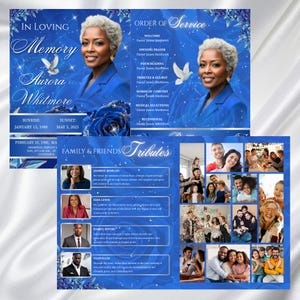 May include: A memorial service program with a blue and white design. The cover features a portrait of a woman, doves, and the text "In Loving Memory Aurora Whitmore." Inside, there are sections for the order of service, tributes, and photos.