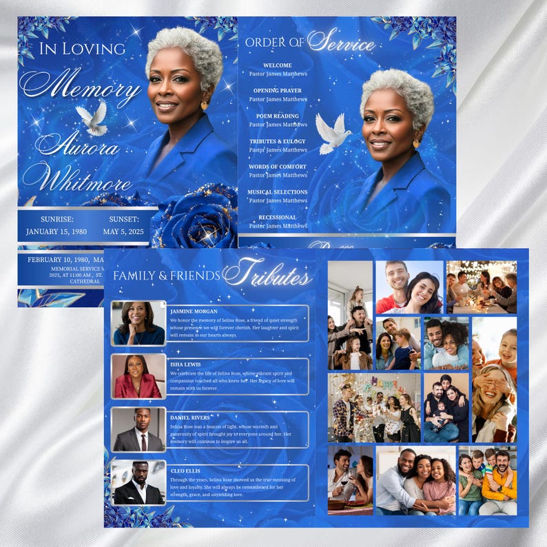 May include: A memorial service program with a blue and white design. The cover features a portrait of a woman, doves, and the text "In Loving Memory Aurora Whitmore." Inside, there are sections for the order of service, tributes, and photos.