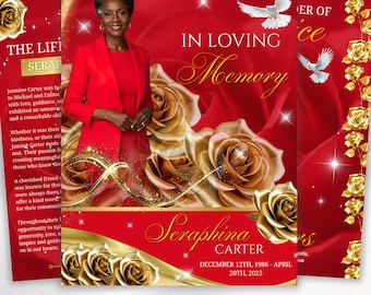 08 Pages Red and Golden Roses Funeral Program Template, Editable Bifold 8.5x11”Design, Obituary Celebration Of Life Program,Digital Download