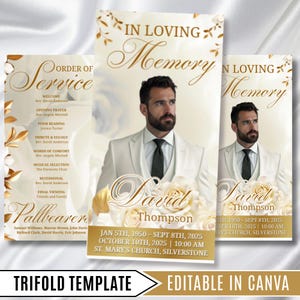 May include: A trifold memorial template with a portrait of a man in a white suit, with the text "In Loving Memory" and the name "David Thompson". The design includes floral accents and event details.