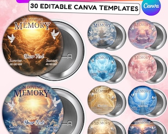 30 modelli di spille commemorative "In Loving Memory" modificabili su Canva, design di spille commemorative su Canva, spille "Rest in Peace", download digitale