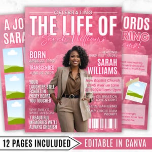 Op de afbeelding: Een tijdschriftomslagontwerp met een roze achtergrond en de kop "The Life Of Sarah Williams". De omslag bevat een foto van een vrouw, evenementdetails en de tekst "12 Pages Included" en "Editable in Canva."