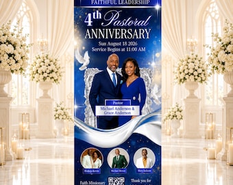 Blue Pastoral Anniversary Retractable Banner Template, Editable Church Welcome Sign(33x81 in), Pastor Appreciation & Guest Speaker Event