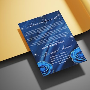 K&ouml;nnte beinhalten: Blaue Gedenkfeier-Ank&uuml;ndigung mit Text, floralen Akzenten und einer blauen Rosen-Grafik. Die Ank&uuml;ndigung enth&auml;lt die W&ouml;rter "Danksagung", "Gedenkfeier" und Kontaktinformationen.
