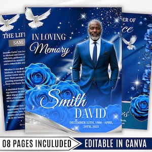Puede incluir: Una plantilla de servicio conmemorativo azul con un retrato de un hombre con traje azul. El diseño incluye rosas azules, palomas y el texto "In Loving Memory" y "Smith David". También se incluyen las fechas de nacimiento y defunción.