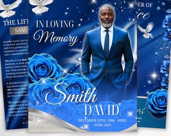 08 Blue Roses and Silver Funeral Program Template, Editable Bifold 8.5x11” Design, Obituary Celebration Of Life Program, Digital Download