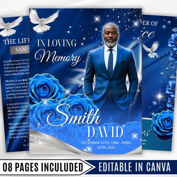 08 Blue Roses and Silver Funeral Program Template, Editable Bifold 8.5x11” Design, Obituary Celebration Of Life Program, Digital Download