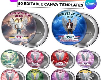 50 Memorial Pin Button Canva Editable Templates, Funeral Button Favors, RIP Templates, Memorial Pin Button Canva Designs, Digital Download