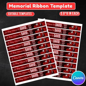 Puede incluir: Plantilla de cinta conmemorativa con el texto "In Loving Memories Of DAVID". El diseño incluye rosas rojas, una paloma y una foto. La plantilla mide 2,03 x 20,32 cm y es una plantilla editable.