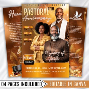 Può includere: Un modello di volantino per l'11° anniversario pastorale della Phelps Chapel Baptist. Presenta ritratti di tre persone, grafiche di foglie autunnali dorate e marroni e testo che include Service Sunday, 10 febbraio 1980 e 20 maggio 2025.
