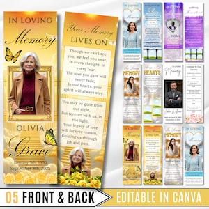 May include: A collection of memorial bookmarks with various designs. The bookmarks feature text like "In Loving Memory" and "Your Memory Lives On," along with photos and names. The design includes butterflies and floral elements.