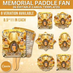 06 Plantilla editable de abanico conmemorativo amarillo, abanico en memoria de un ser querido, abanico conmemorativo para celebrar la vida, homenaje portátil en memoria de un ser querido