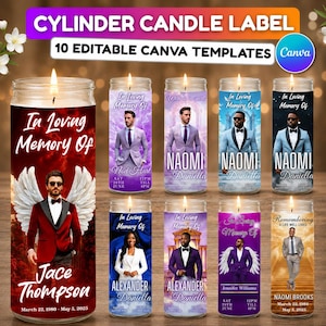 10 Cylinder Candle Light Label Memorial Tamplate,Tall Cylinder Candle Wraps,Editable Canva Memorial Stickers,Funeral Labels Digital Download