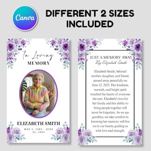 Peut inclure: Une conception de carte commémorative avec une photo d'Elizabeth Smith, encadrée dans un ovale violet, et des accents floraux. La carte comprend le texte "In Loving Memory" et "Elizabeth Smith" avec des dates. Le design comprend également le texte "Different 2 Sizes Included".