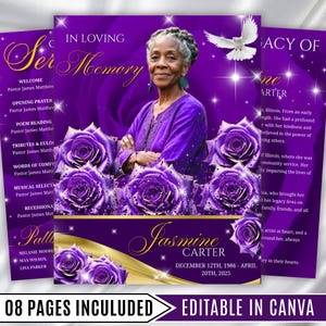 May include: A memorial service program with a portrait of a woman, purple roses, and the text "In Loving Memory." The design includes a dove, gold accents, and the name "Jasmine Carter" with dates. The words "08 Pages Included" and "Editable in Canva" are also visible.