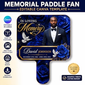 Blue Memorial Paddle Fan Editable Template, In Loving Memory Fan, Celebration of Life Paddle Fan, In Loving Memory Handheld Tribute