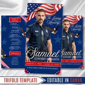 Puede incluir: Una plantilla de recuerdo tríptico con un retrato de un hombre con uniforme de policía, con un diseño de bandera estadounidense. El texto dice "In Loving Memory" e incluye el nombre "Samuel Edward Johnson" y las fechas.