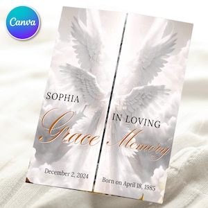 Może przedstawiać: Karta pamiątkowa o niebiańskim motywie. Projekt przedstawia białe skrzydła anioła na tle chmur. Tekst brzmi "SOPHIA, IN LOVING MEMORY, Grace, December 2, 2024, Born on April 18, 1985."