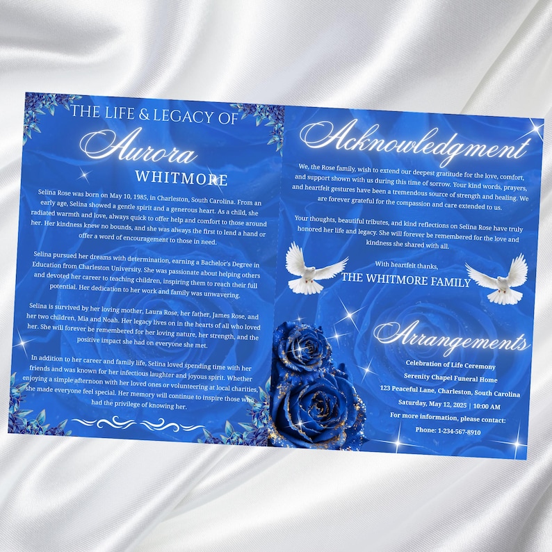 May include: A memorial service announcement with a blue floral design. The text includes the name "Aurora Whitmore", dates, and details about a celebration of life ceremony. The design features a blue rose and doves.