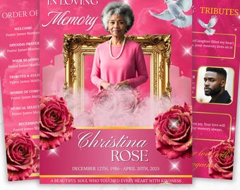 08 Pages Memorial Pink Funeral Program Template, Editable Bifold 8.5x11” Design, Obituary Celebration Of Life Program, Digital Download