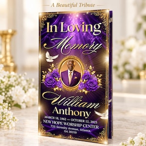 Trifold Purple Rose Gold Frame Funeral Program Template, Celebration of Life Obituary, Memorial Program, In Loving Memory, Editable 17x11