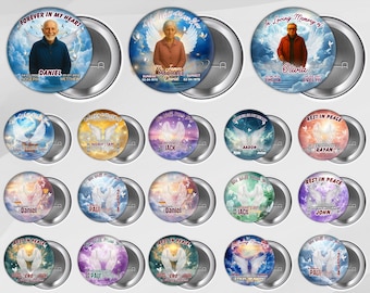 50 modelli di spille "Per sempre nel mio cuore" modificabili su Canva, design di spille commemorative su Canva, spille "In amorevole memoria", riposa in pace