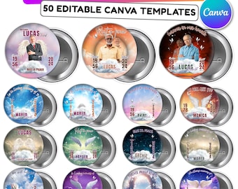 50 modelli di spille "Riposa in pace" modificabili su Canva, design di spille commemorative su Canva, spille "In amorevole memoria", download digitale