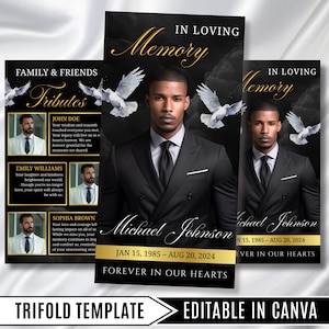 May include: A funeral programme trifold template featuring a black background with gold accents, white doves, and a portrait of a man in a black suit. Text includes IN LOVING MEMORY, Michael Johnson, JAN 15, 1985 – AUG 20, 2024, and FOREVER IN OUR HEARTS.