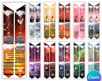 May include: A collection of memorial stole designs with various color schemes, including images of people, doves, and sunset backgrounds. Each design includes the text "Forever in Our Heart," and "Sunset." The image also includes the text "30 Canva Editable Templates."