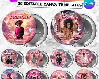 May include: A collection of memorial pin buttons with various designs. Each button features a photo, the words "In Loving Memory" or "To Loving Memory", and dates. The buttons have a metallic silver backing and are surrounded by a pink and white design.