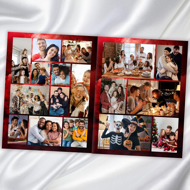 May include: A double-page photo album with a red border, featuring numerous family photographs. The images depict diverse groups of people, capturing moments of joy, celebration, and togetherness. The background is a white, silky fabric.