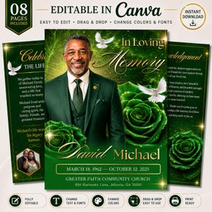Puede incluir: Una plantilla editable de programa funerario con el retrato de un hombre en traje verde, rosas verdes y palomas blancas. El texto dice In Loving Memory, David Michael, 18 de marzo de 1962 - 12 de octubre de 2025 y Greater Faith Community Church.