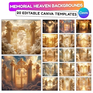 May include: A collection of 20 editable Canva templates featuring heavenly backgrounds. The designs showcase golden gates, pillars, and ethereal clouds, with a vibrant color palette of gold, white, and blue. The text at the top reads "Memorial Heaven Backgrounds".