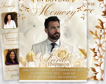 May include: A memorial service template with a portrait of a man, surrounded by white roses and gold accents. The text reads "In Loving Memory" and includes the name "David Thompson" and dates. The design features floral elements and the text "08 Pages Included" and "Editable in Canva".