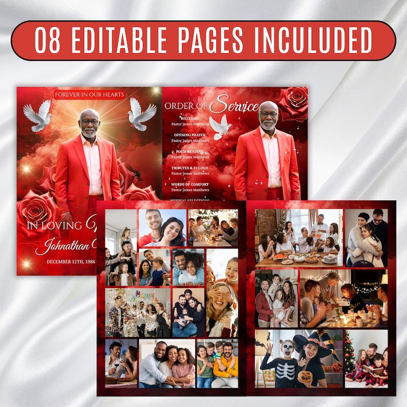 May include: A memorial template in red and white. The design features a man in a red suit, doves, roses, and family photos. Text includes "08 Editable Pages Included", "Forever in Our Hearts", and "In Loving Memory".