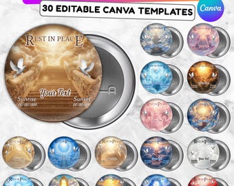 30 modelli di spille "Riposa in pace" modificabili su Canva, design di spille commemorative su Canva, spille "In ricordo di...", download digitale