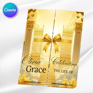 May include: A golden memorial card with a heavenly theme. The card features a golden bow, gates, and stairs leading to the sky. Text includes "Olivia Grace Celebrating The Life Of" and dates: November 20, 2024, and Born on March 5, 1992.