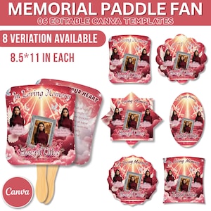 Puede incluir: Una colección de abanicos conmemorativos con diversas formas. Cada abanico presenta una foto, el texto "In Loving Memory" y el nombre "Joseph Chloe". Los abanicos miden 21,6 x 27,9 cm e incluyen plantillas editables de Canva.