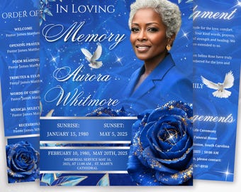 08 Pages Blue Roses Funeral Program Template, Editable Bifold 8.5x11” Design, Obituary Celebration Of Life Program, Digital Download