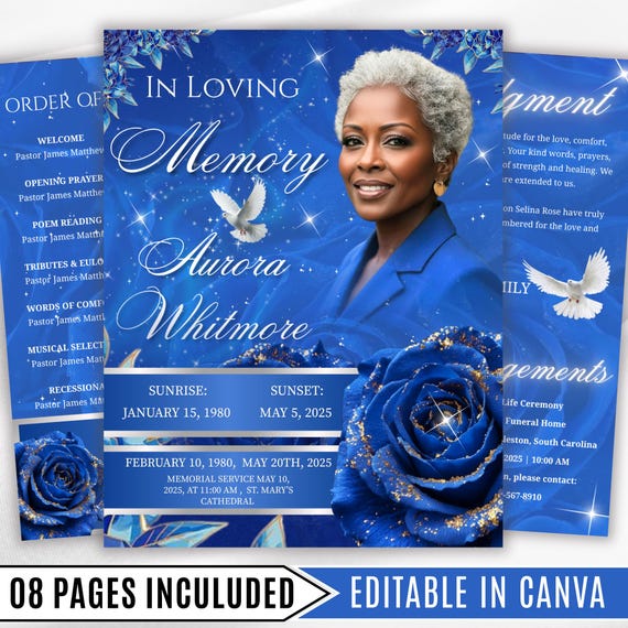 08 Pages Blue Roses Funeral Program Template, Editable Bifold 8.5x11” Design, Obituary Celebration Of Life Program, Digital Download